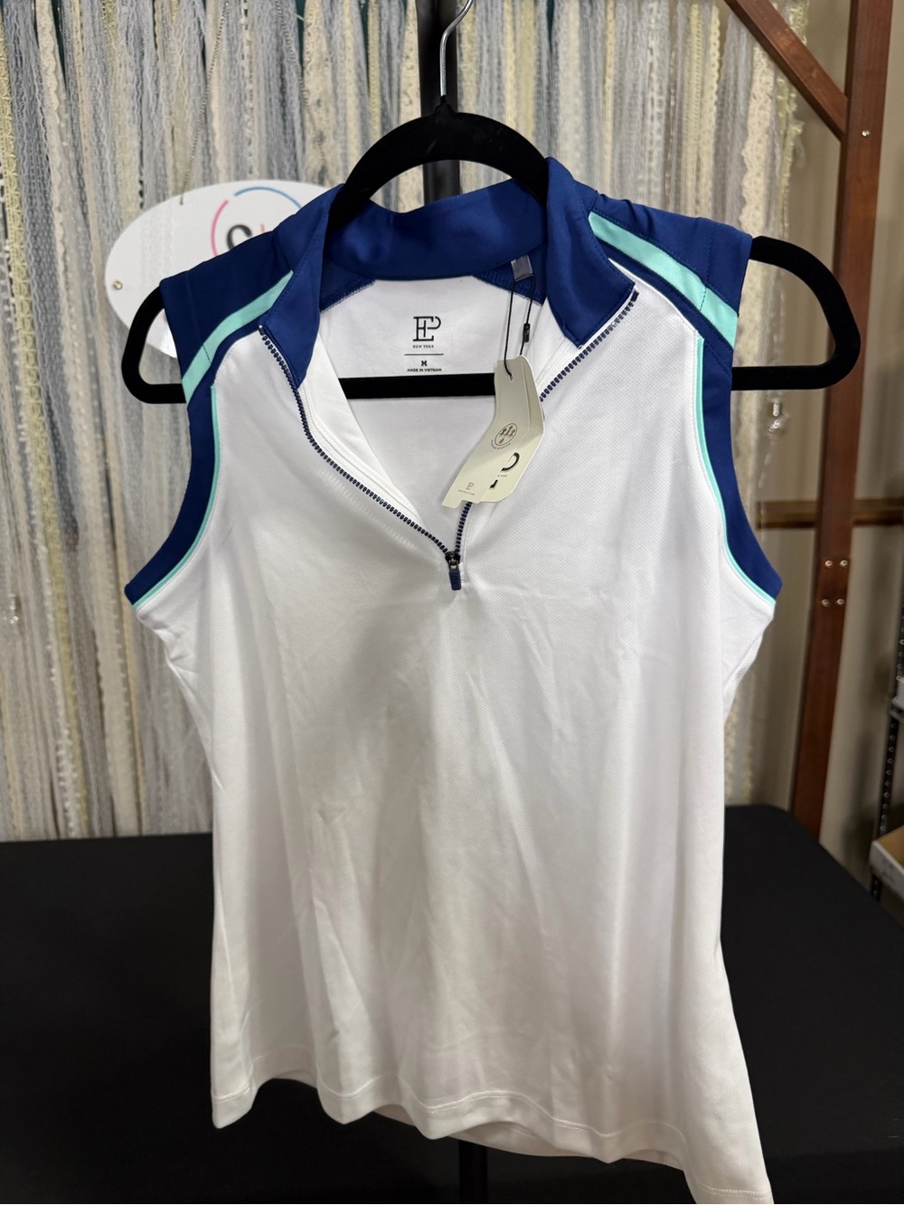 EPNY Golf Women’s White Sleeveless Zip Polo Top with Navy Trim